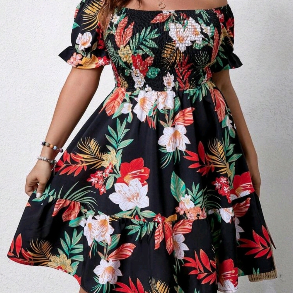SHEIN Black Floral Off-Shoulder Midi Dress